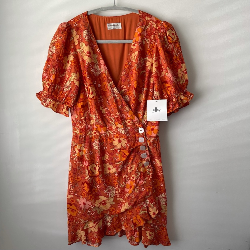 Seven Wonders Orange Floral Wrap Mini Dress